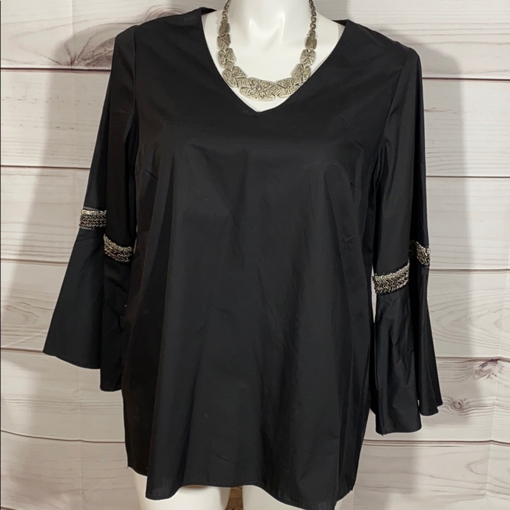 Jane & Delancey Black Boho Top Flared Beaded Sleeves 1X